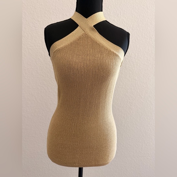 INC International Concepts Tops - INC Gold Sparkly Halter Top | Silk Cotton Ribbed Knit Crossover Neck Blouse